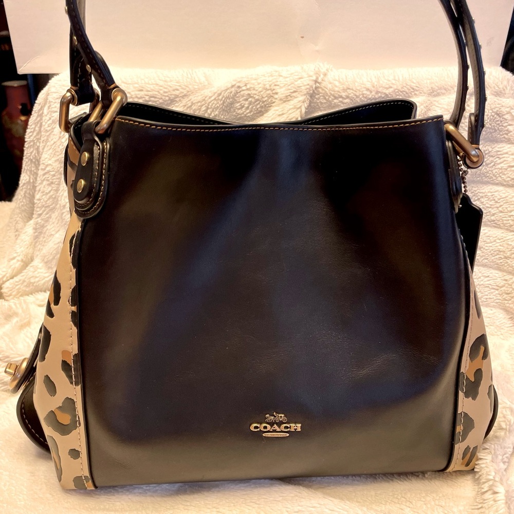 Coach Edie purse. Black and leopard leather.